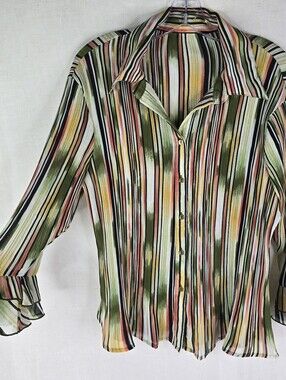 Womens Medium Y2k Stretchy Bell Sleeve Green Pink Striped Vintage Top